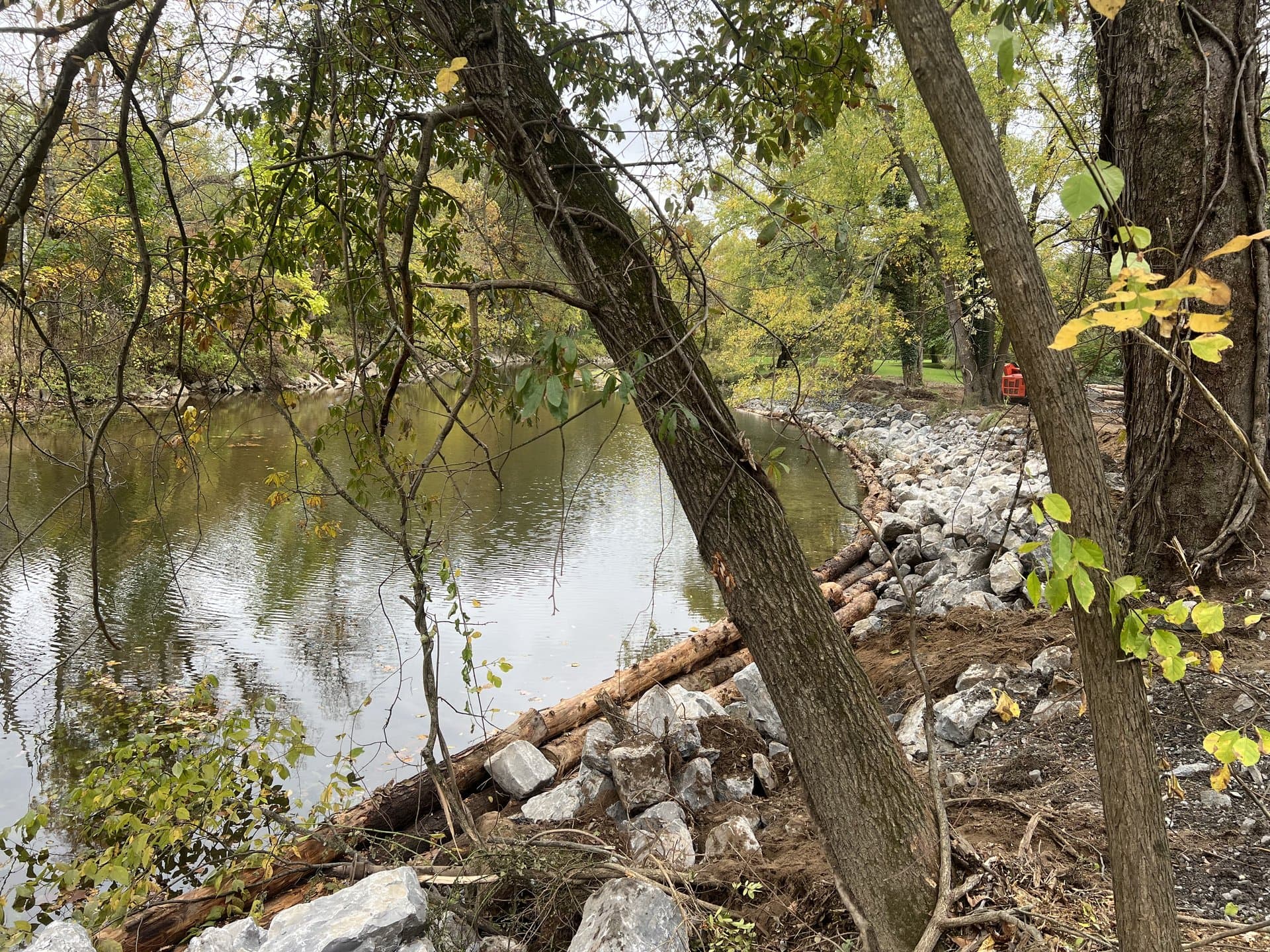 Stone armor on a wooded stream restoration project in fall